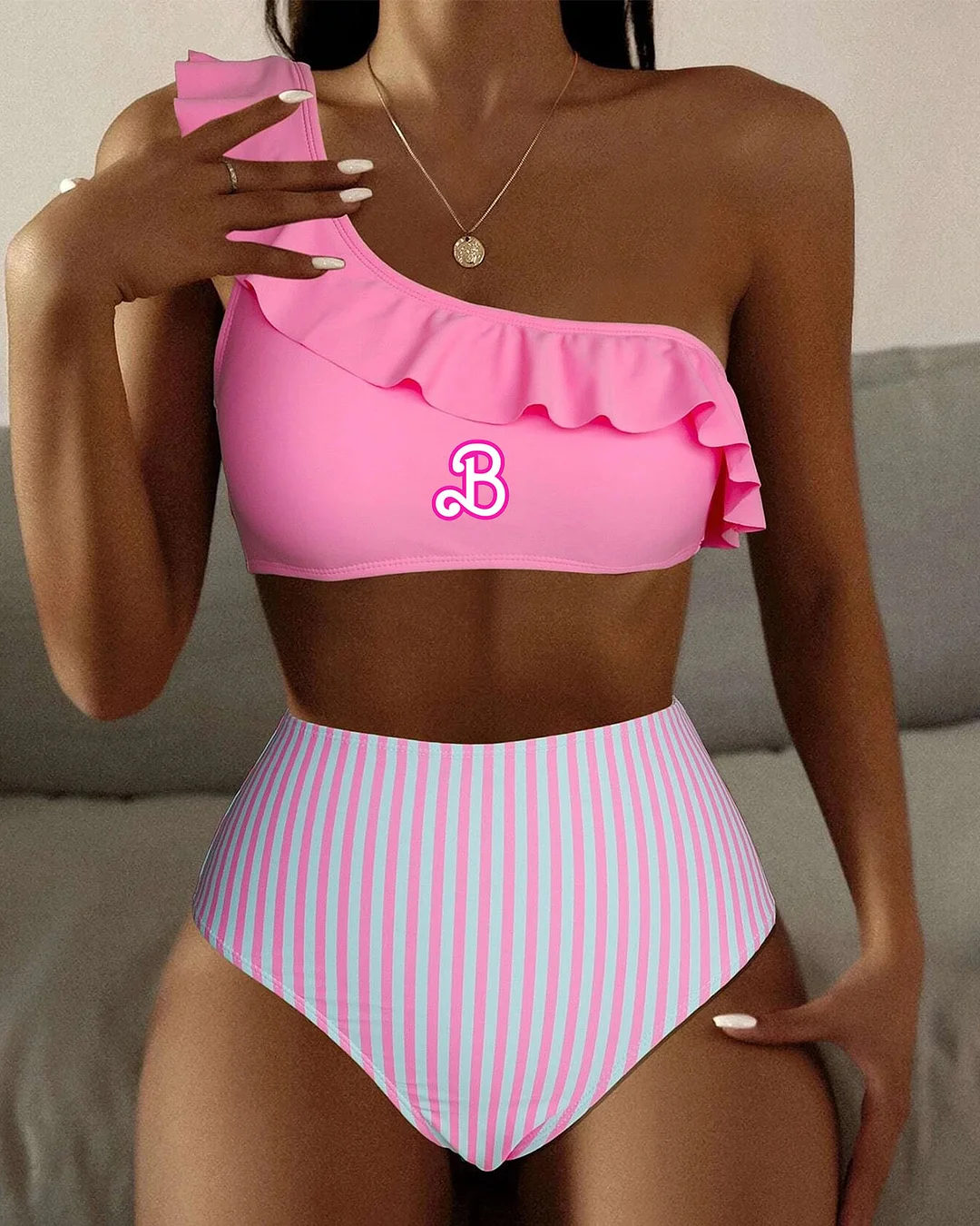 Barbie Gir Striped Ruffle Trim One Shoulder High Waisted Bikini Swimsuit