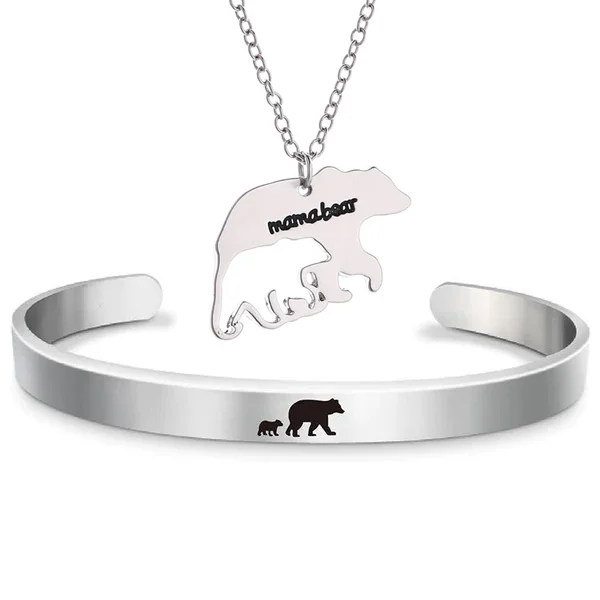 Mama Bear Cuff Bracelet And Necklace Set