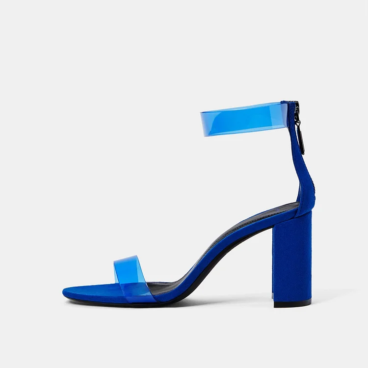 transparent Royal Blue Heels Open Toe Chunky Heels Summer Sandals |FSJ Shoes