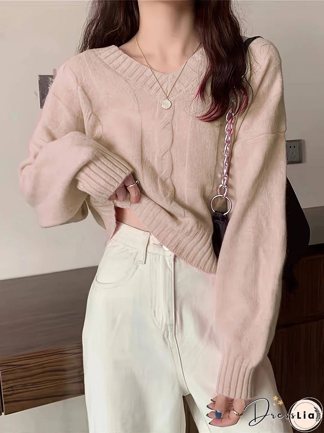 Solid V Neck Cable Knit Sweater, Casual Long Sleeve Pullover Sweater, Women's Clothing