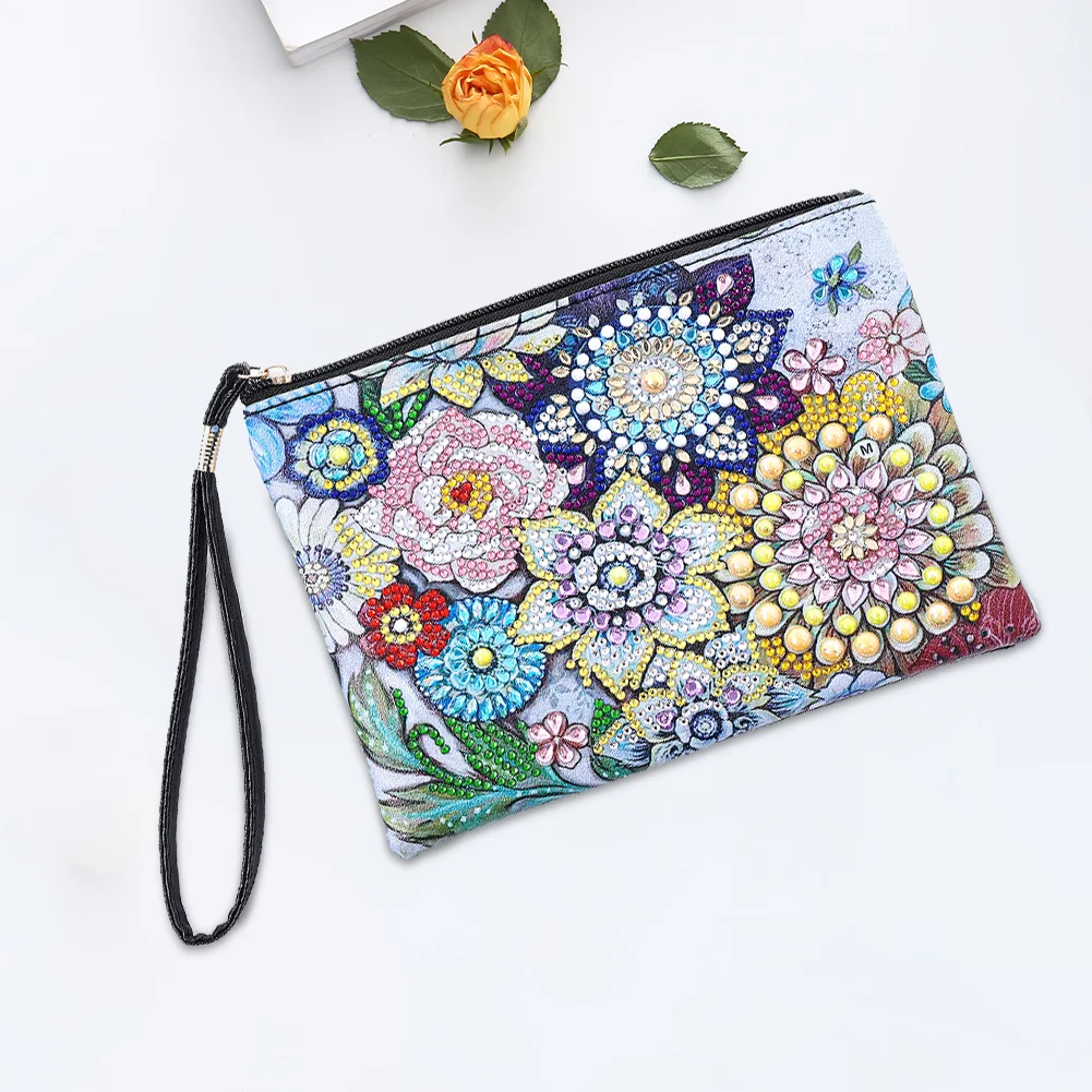 DIY Cactus Diamond Art Cosmetic Bag Flowers Single Sided PU Women Clutch