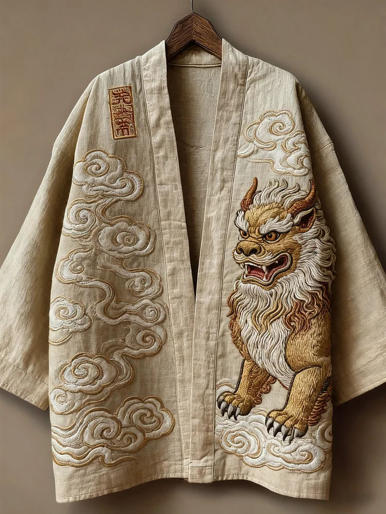 Oriental art landscape painting three-dimensional embroidery linen kimono cardigan