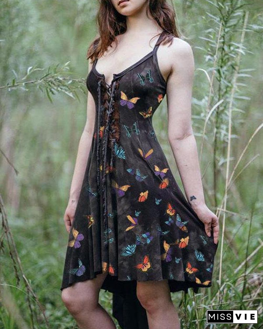 Women's Slim Irregular Butterfly Print Dress