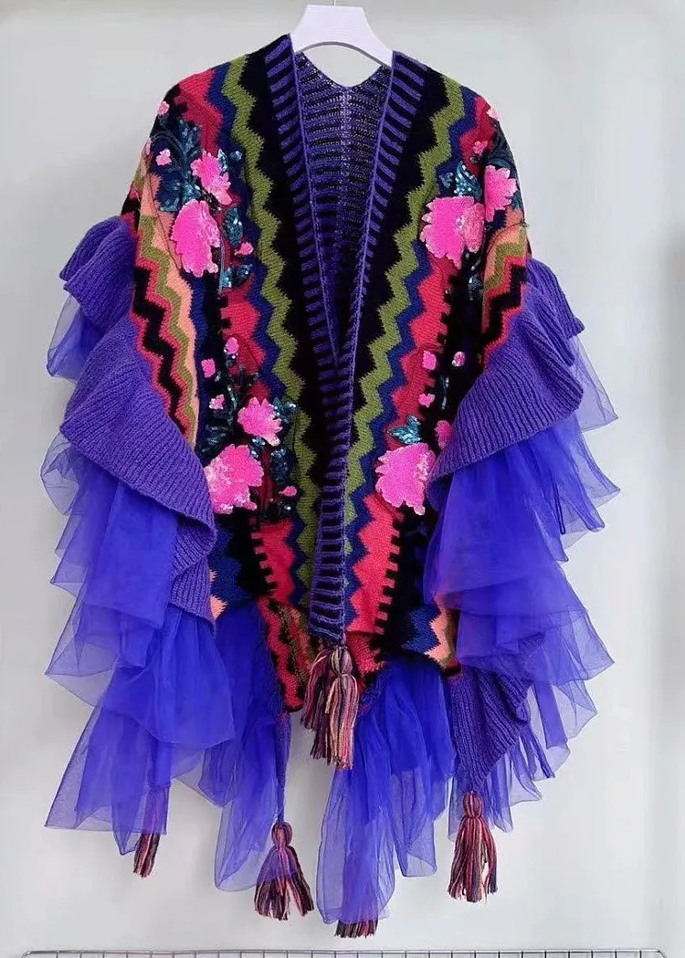 Bohemian Purple V Neck Tulle Patchwork Embroideried Knit Cape Long Sleeve 