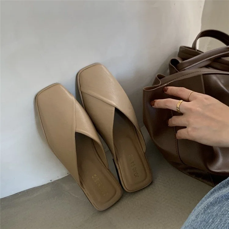 Wongn Wongn Lazy Slippers Korean Version Of Fashion Square Head Baotou Half Drag Without Heel Flat Sandals Women's Shoes