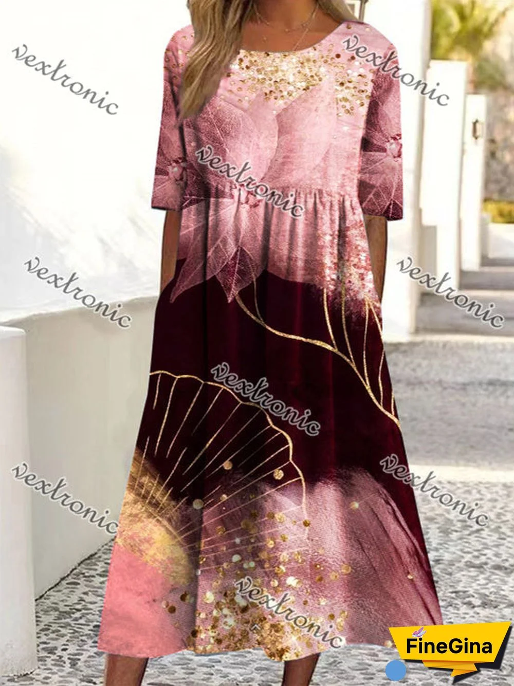 Women's Pink Half Sleeve Scoop Neck Graphic Floral Printed Pockets Midi Dress