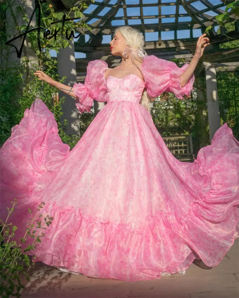 Aiertu Pink Floral Print  A-line Chiffon Sweetheart Puffy Sleeves Sweep Train Prom Dresses 2024 Aiertu