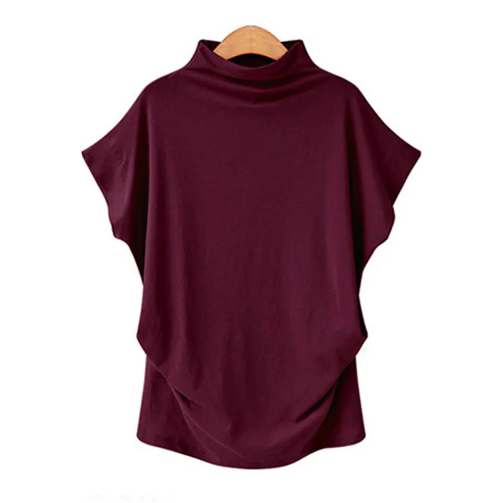 Brownm Commute Large Size Women's Half Turtleneck Batwing Sleeve Solid Color Polyester Top