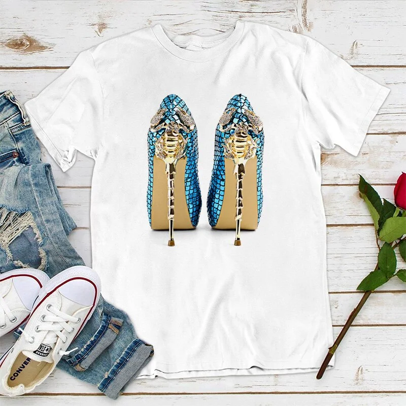Popular Luxury Blue Crystal Heels Fashion Print T-shirt Women's New Summer Women's T Shirt  Hip Hop Punk Italy rt,Drop Ship