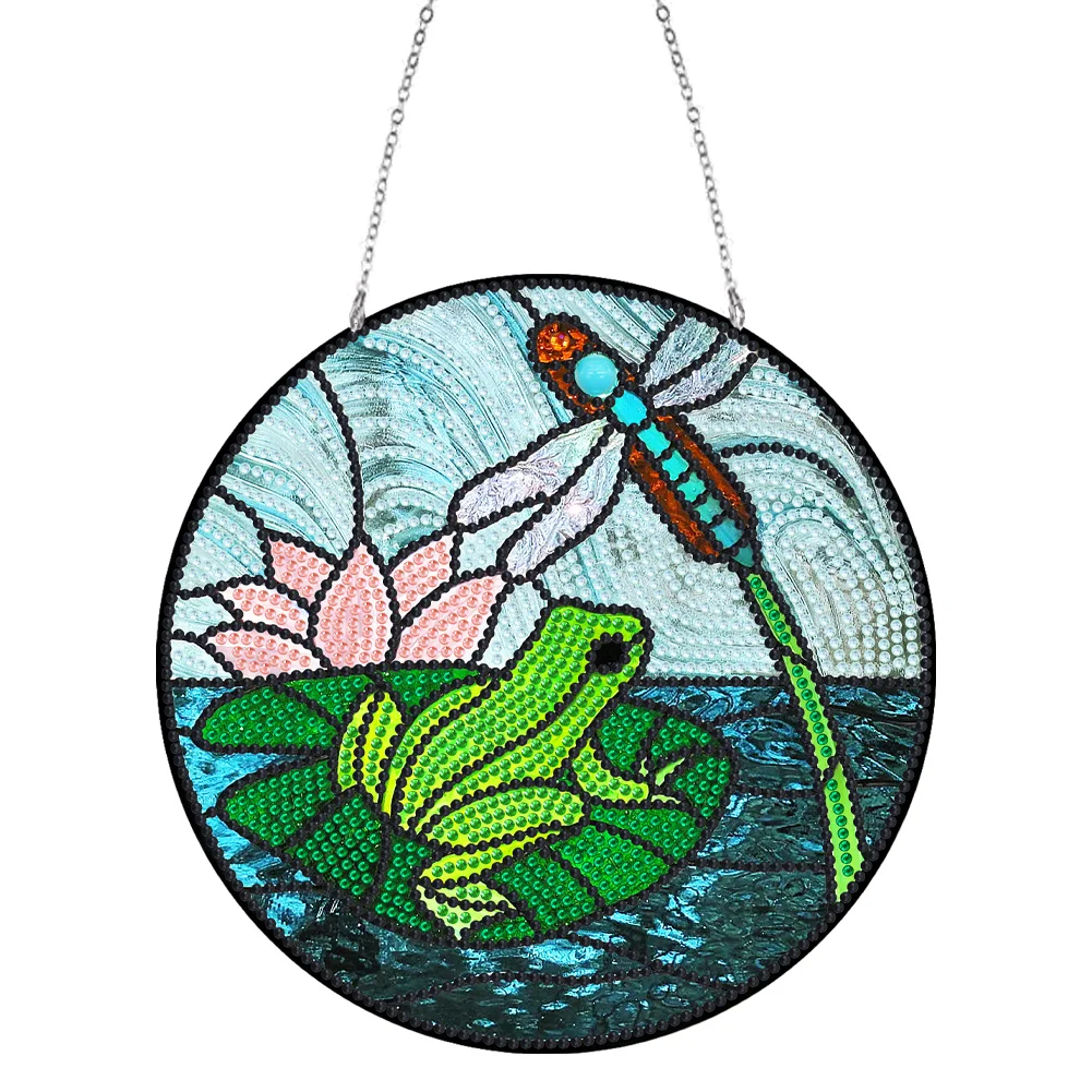 DIY Dragonfly and Frog Diamond Stained Glass Style Hanging Decoration Double Side Home Garden Decoration