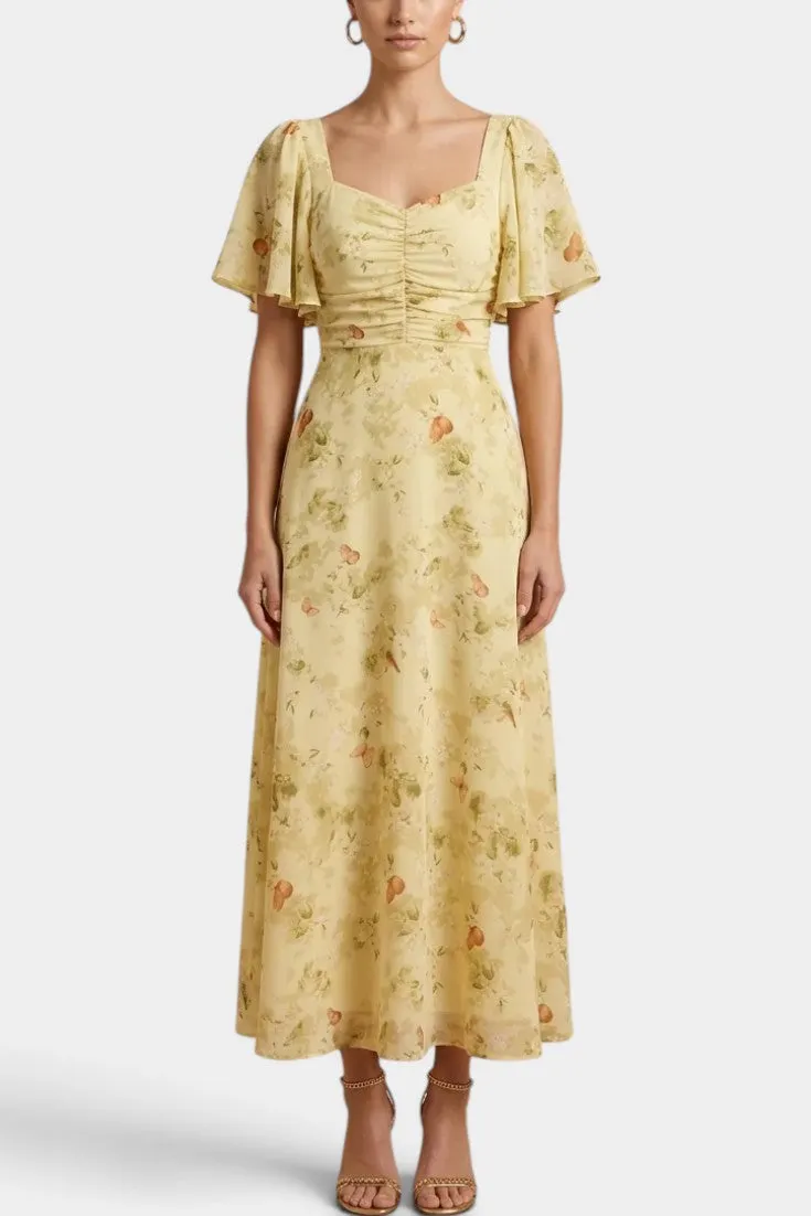 Ruched Square Neck Floral Midi Dress