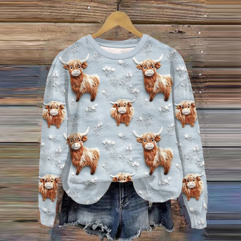 Comstylish Highland Cow Print Crew Neck Casual Sweatshirt