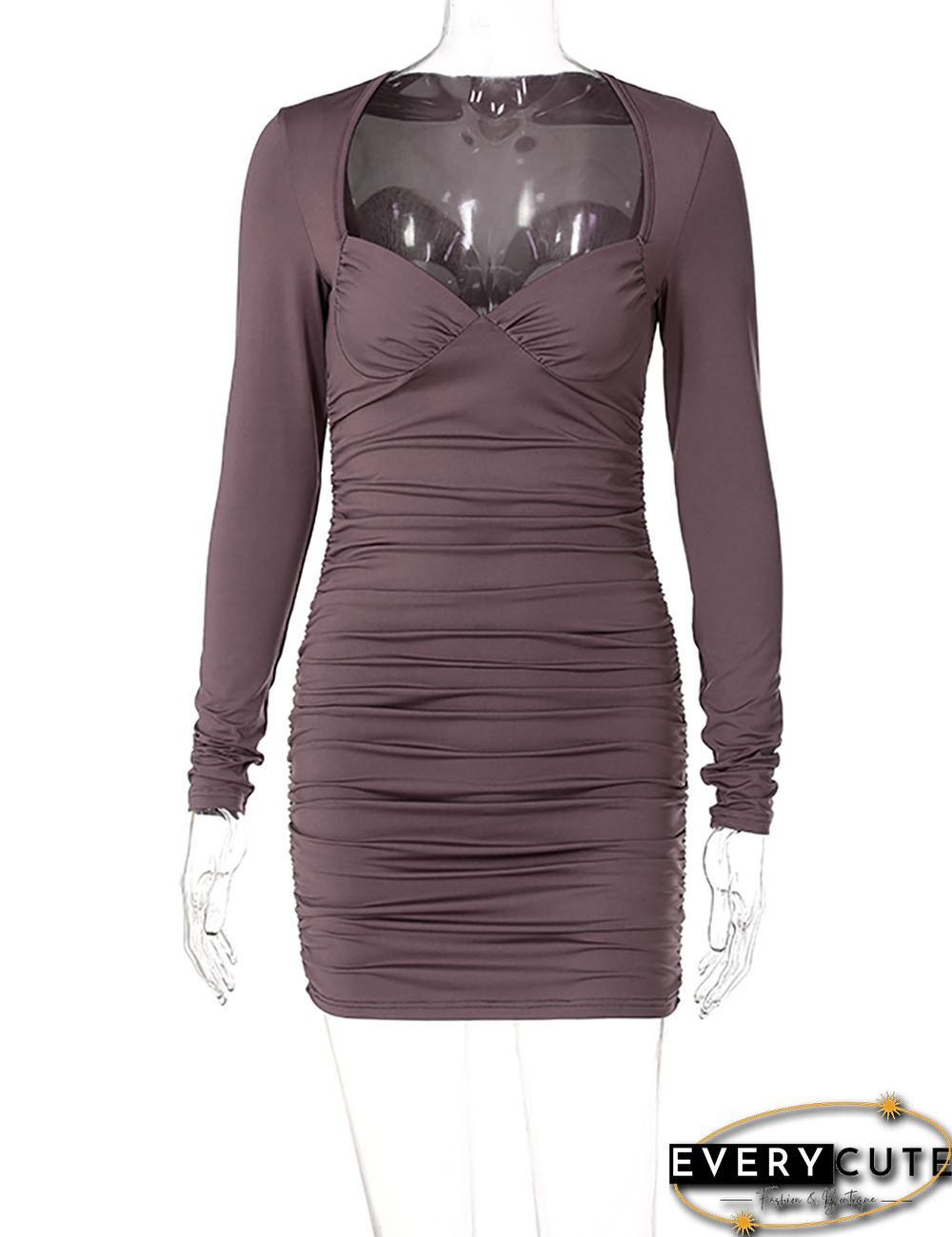 Purple Tube Pleated Long Sleeve Mini Dress