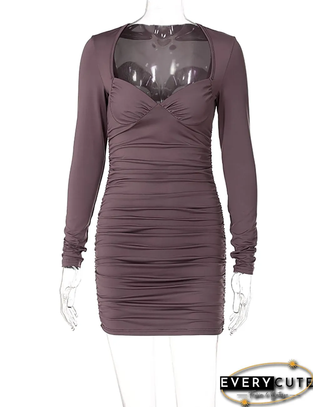 Purple Tube Pleated Long Sleeve Mini Dress