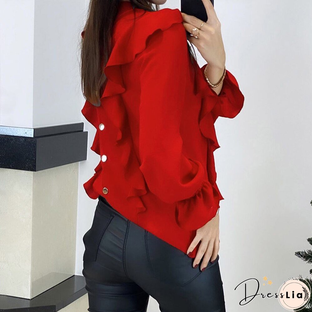 Fashion Hollow Out Long Sleeve Women Tops And Blouses Autumn Green Top Femme Ruffles Woman Shirts Blouses Femme Blouse