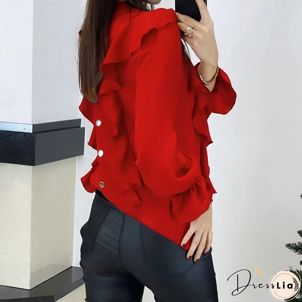 Fashion Hollow Out Long Sleeve Women Tops And Blouses Autumn Green Top Femme Ruffles Woman Shirts Blouses Femme Blouse