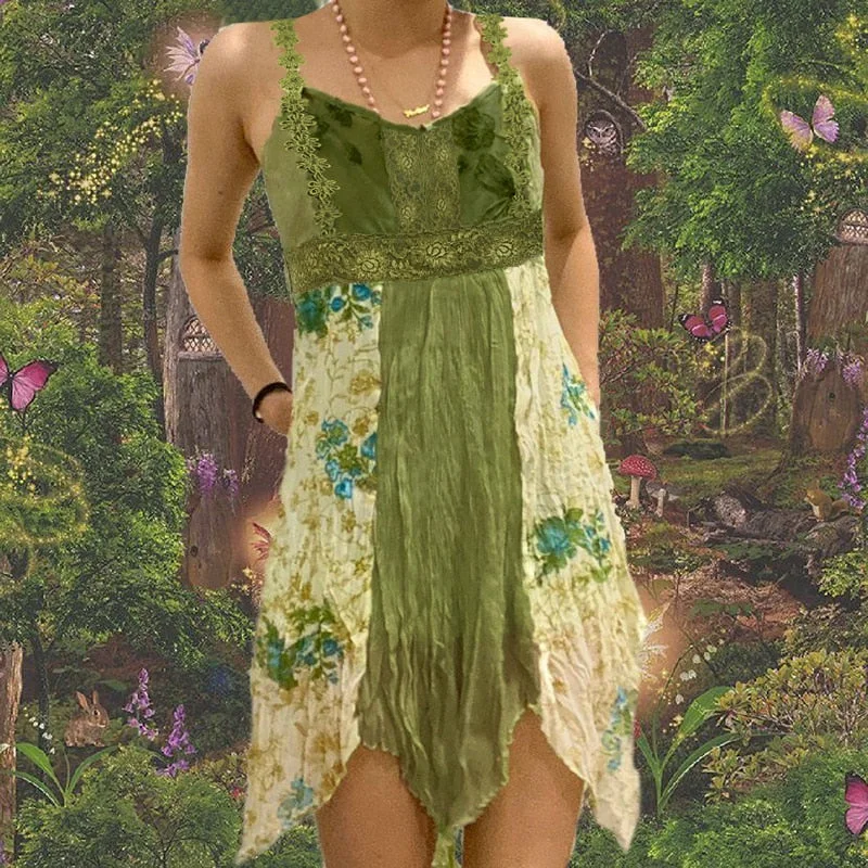 Rapcopter y2k Green Pleated Dress Floral Grunge Fairycore Kawaii Sweet Party Dress Tie Up Frill Strap Boho Mini Dress Women Chic