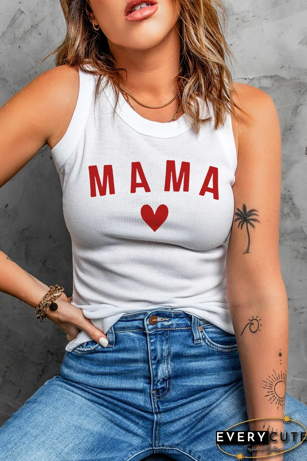 White MAMA Heart Graphic Rib Knit Tank Top
