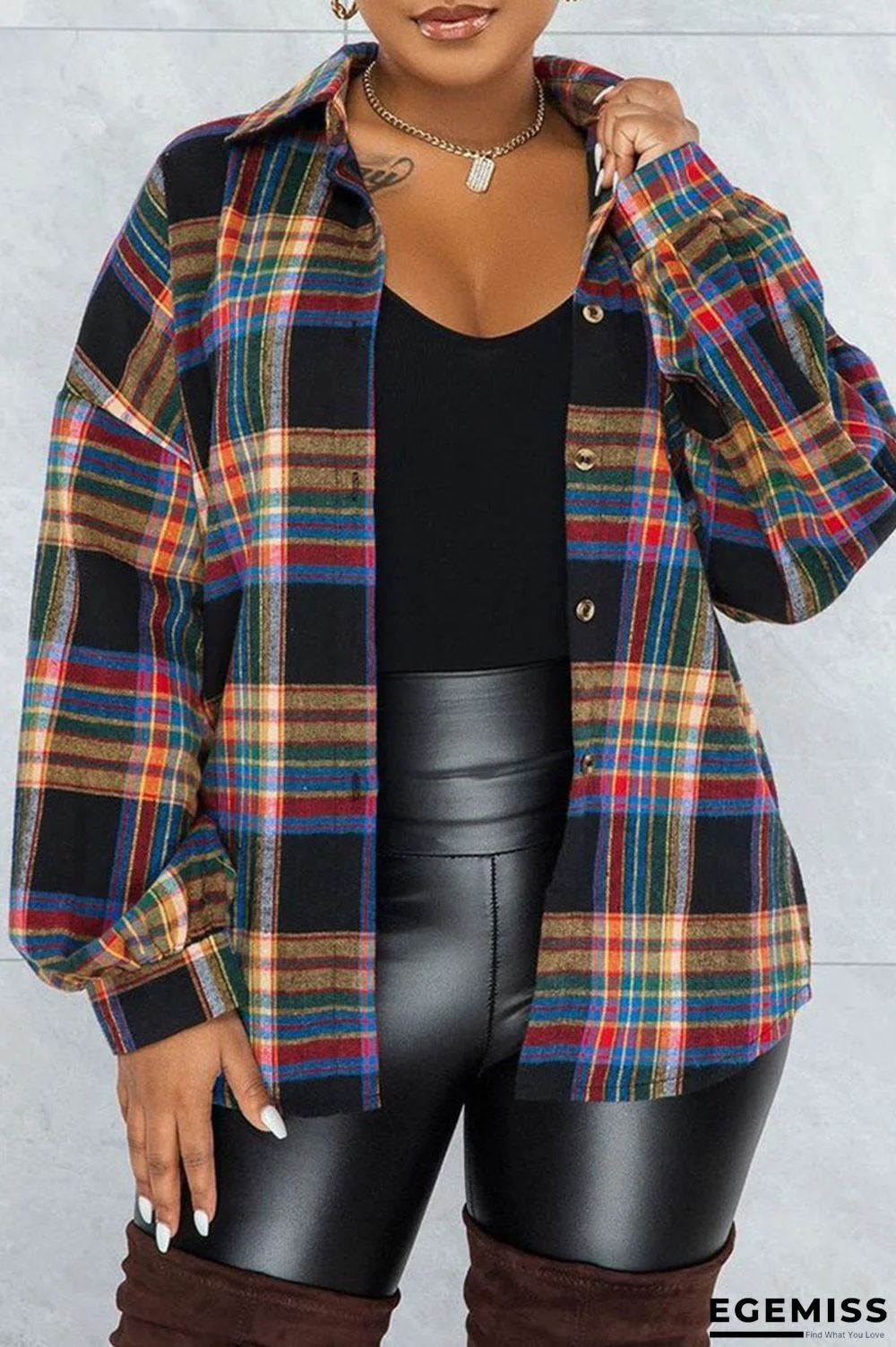 Colour Casual Plaid Print Patchwork Buckle Turndown Collar Tops | EGEMISS