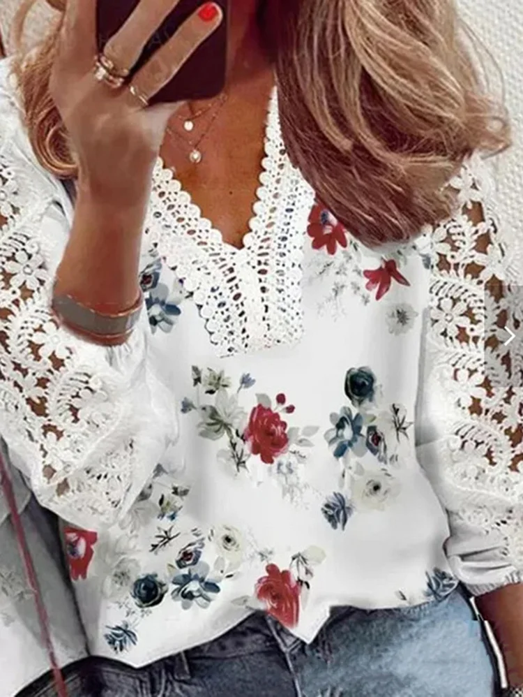 Floral Pattern V Neck Lace Casual Long Sleeves Blouse