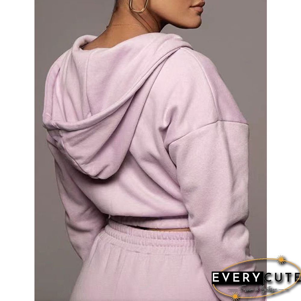 Pink Wrap V Neck Crop Hoodie and Pant Set