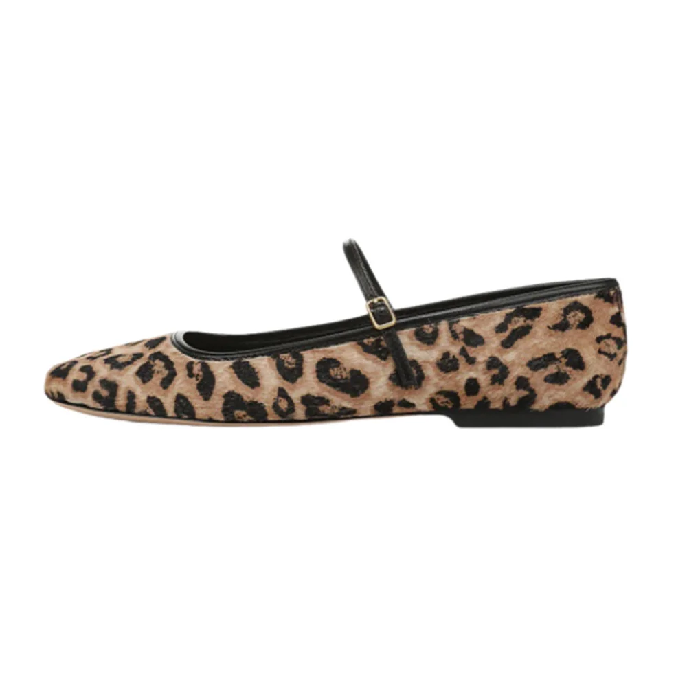 Women's Leopard Print Square Toe Buckled Mary Jane Flats