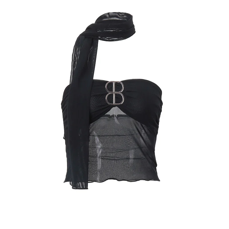 Uveng Uveng Summer Hot Style Women's Sexy Hot Girl A Word Shoulder Gauze Wrapped Chest Slim Short Vest Woman