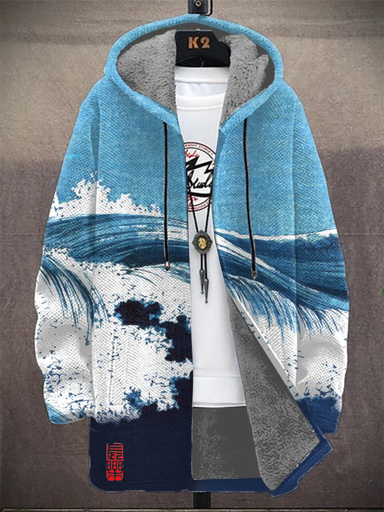Men's Japanese Sea Wave Art Print Hooded Trench Coat