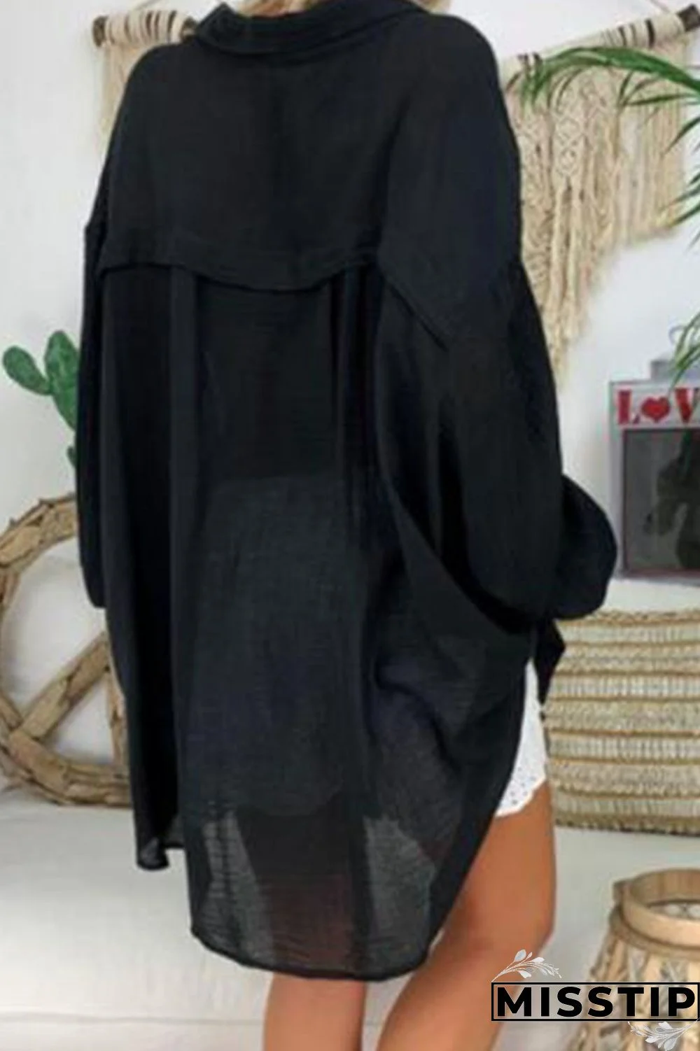Black Casual Solid Patchwork Buckle Asymmetrical Turndown Collar Tops