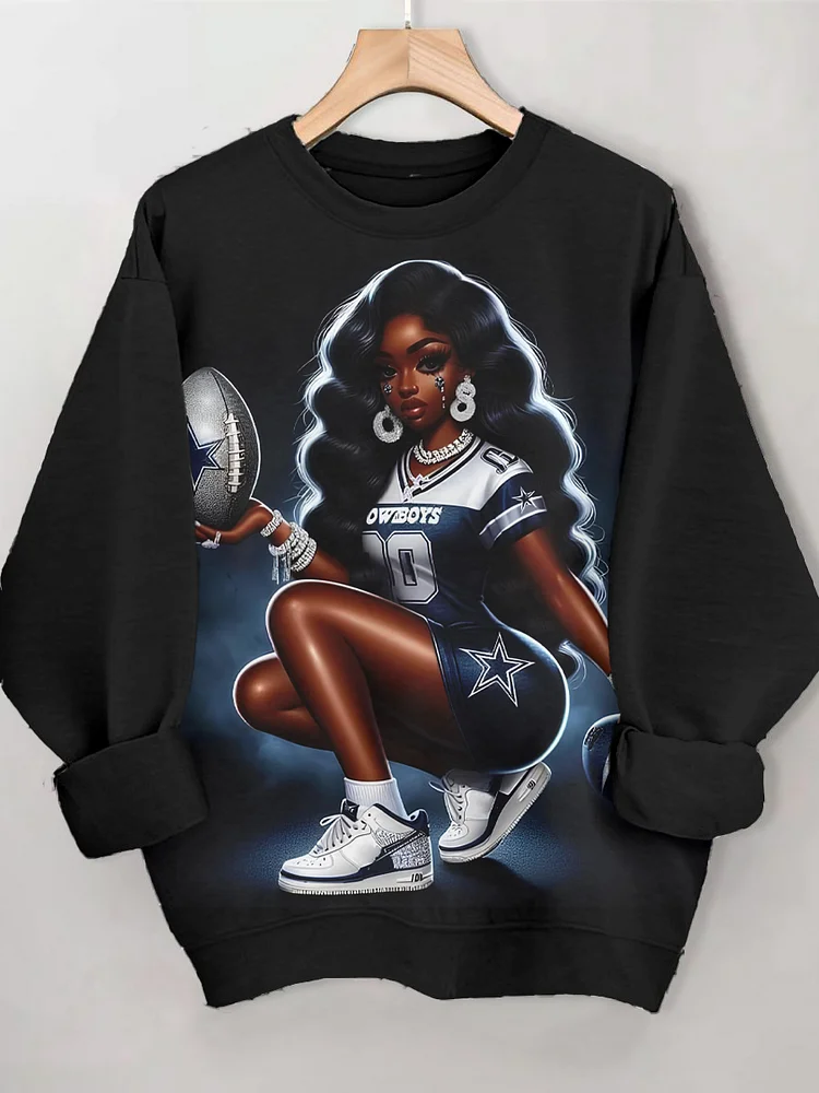 Women's Black Girl Football Player Art Print Casual Sweatshirt