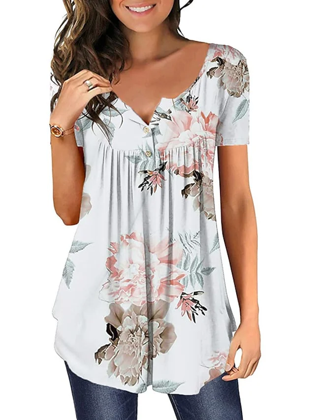 Women's Summer Blouse Loose Floral Printed Short Sleeve Pleated Casual Tops