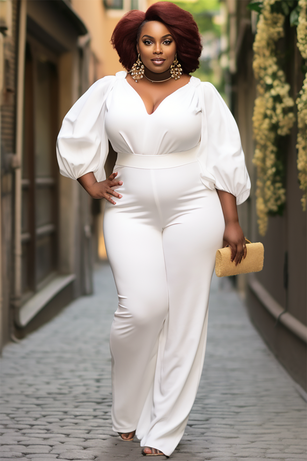 Design Plus Size Semi Formal Elegant White V Neck Lantern Sleeve 3/4 Sleeve Knitted Jumpsuits [Pre-Order]
