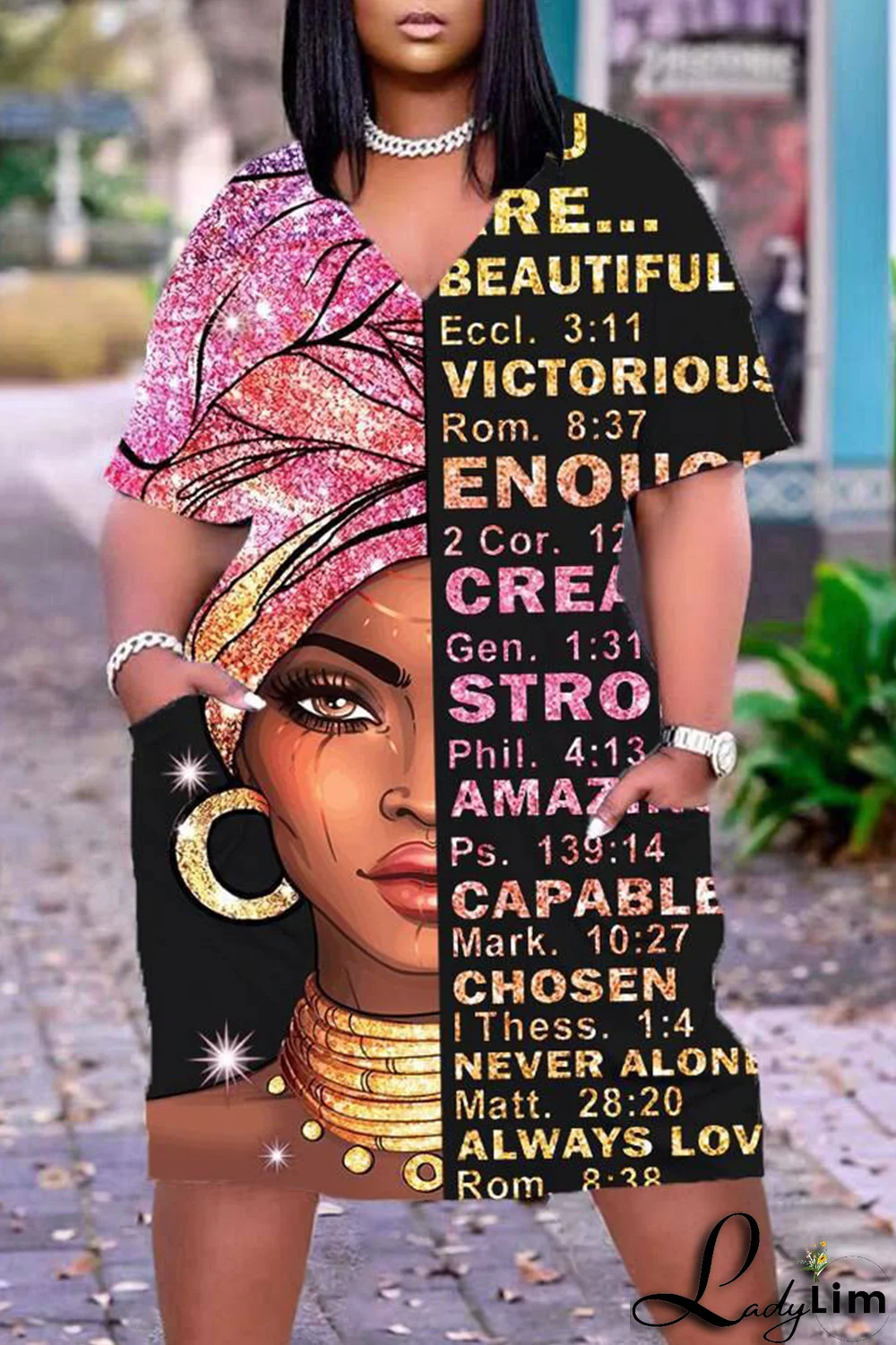 Black White Casual Print Split Joint V Neck Straight Dresses