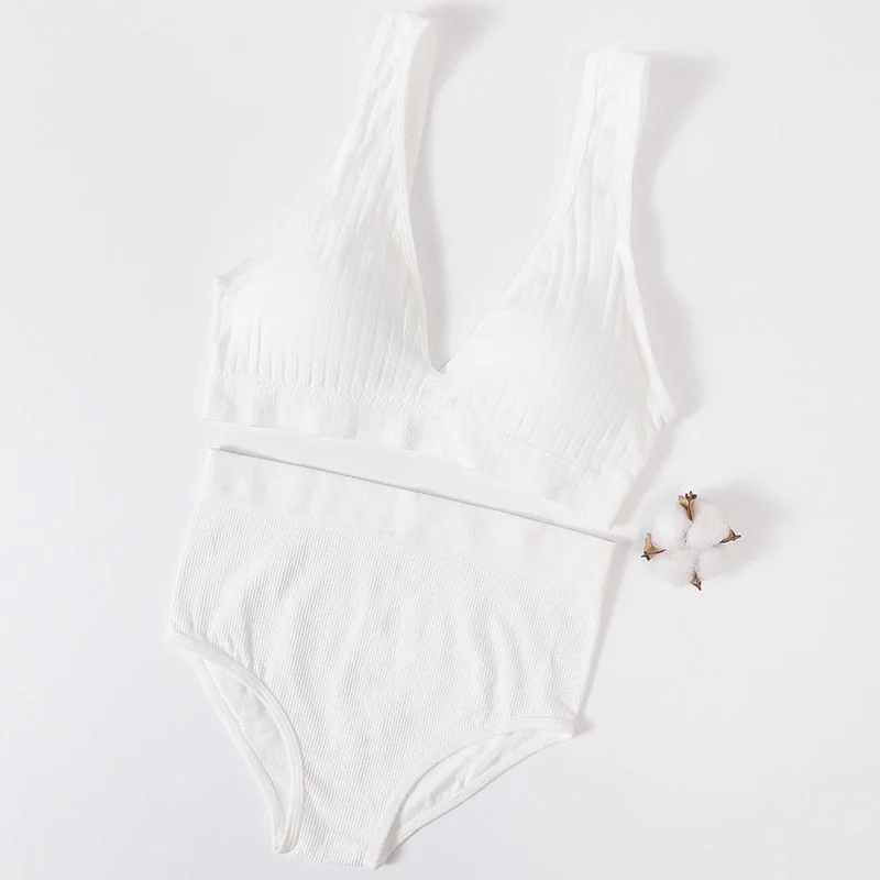 Women's Underwear Sports Bra Panties Set Female Wirefree Brassiere Seamless Top Sexy Set High Waist Brief V Neck Lingerie Set