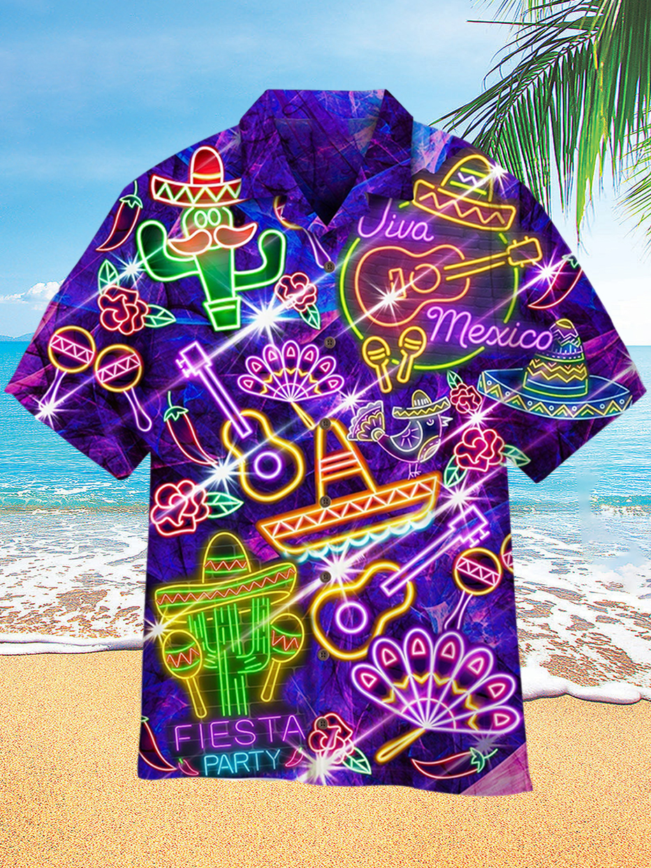 Neon Party Tropical Hawaiian Short Sleeve Cuban Collar Shirt PLUSCLOTHESMAN