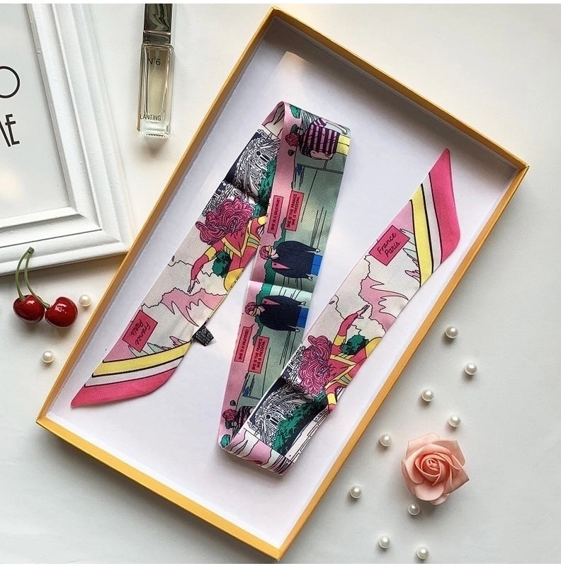 Women’s Minimalist Classic Style Color Block Satin Printing Silk Scarf