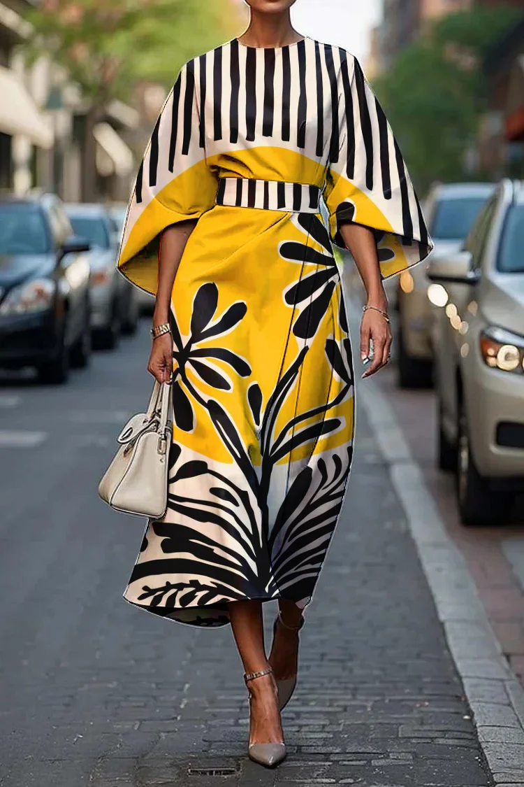 Women's Elegant Abstract Art Print Midi Dress