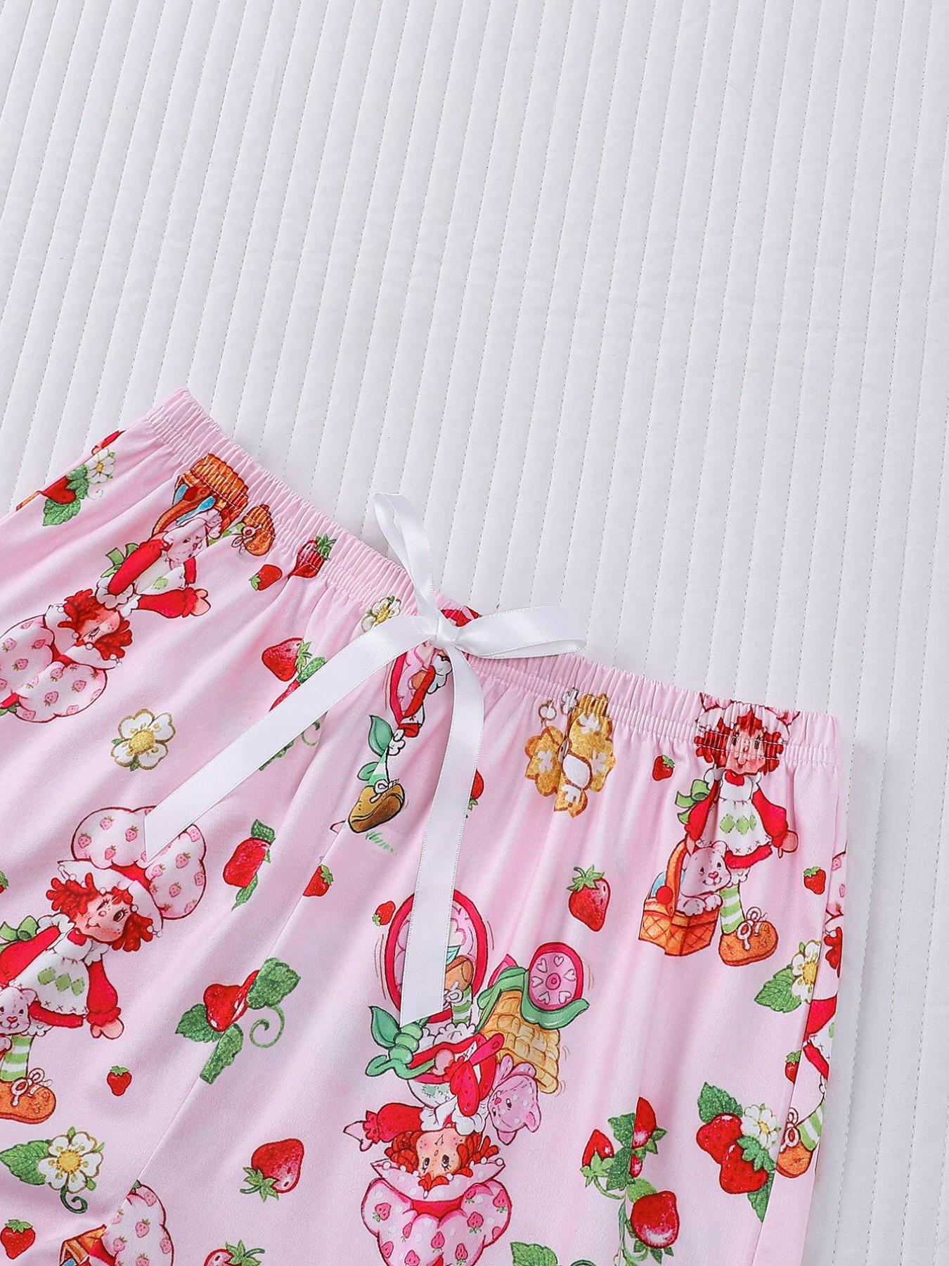 Women's Casual Cute Strawberry Print 3 Piece Pajama Set, Soft Short Sleeve Top & Relaxed Fit Shorts & Pants, Stylish Sleepwear for Everyday Wear and Festive Occasions