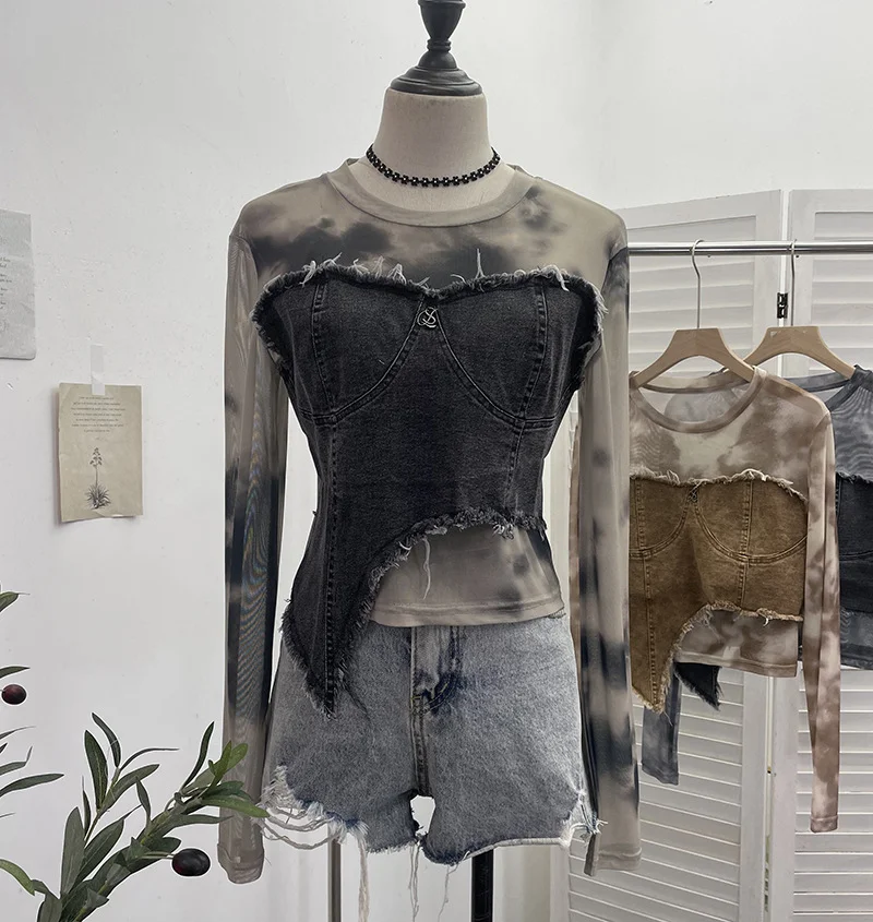 Uveng Vintage Dye Mesh Spliced Denim Shoulder Long-Sleeved T-Shirt T-Shirt T-Shirt Dress 2617