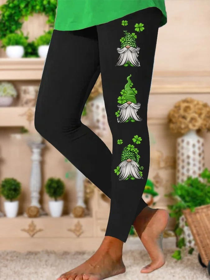 Women's St Patrick's Day Gnome Clover Print Casual Leggings socialshop