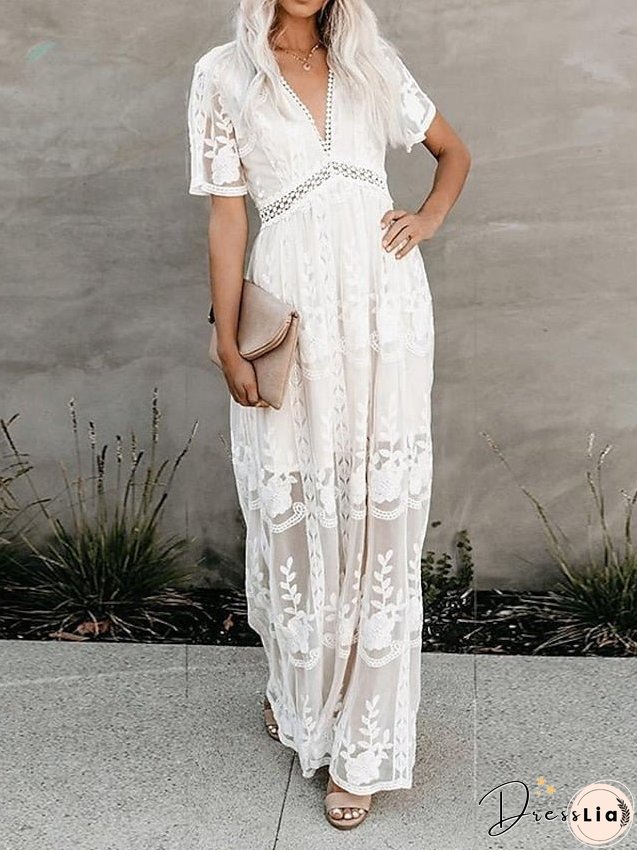 Women's Dress - Party Dress Lace Dress Sheath Dress Long Dress Maxi Dress White Short Sleeve Pure Color Fall Spring Summer Deep V S M L XL XXL