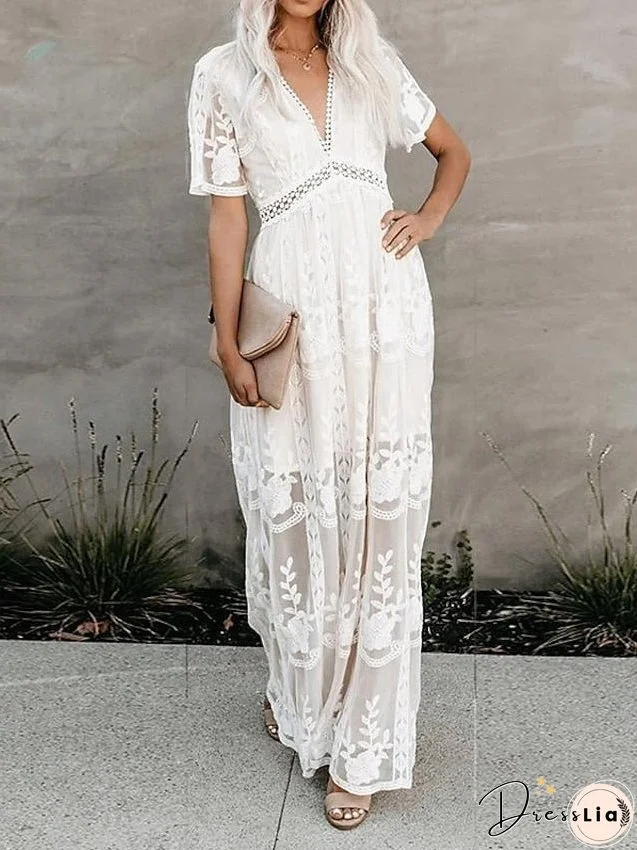 Women's Dress - Party Dress Lace Dress Sheath Dress Long Dress Maxi Dress White Short Sleeve Pure Color Fall Spring Summer Deep V S M L XL XXL