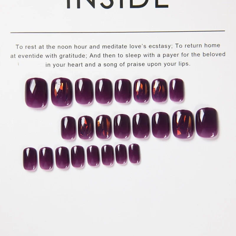 24Pcs/boxed Purple Color Round head Short press on Nails Aurora Effect Wearable fake nail tips full cover acrylic for girls DIY-Nail Inspo
