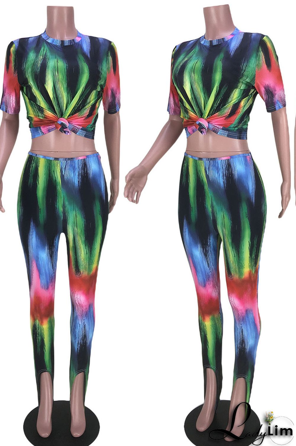 Rainbow Color Sexy Print Patchwork O Neck Short Sleeve Two Pieces