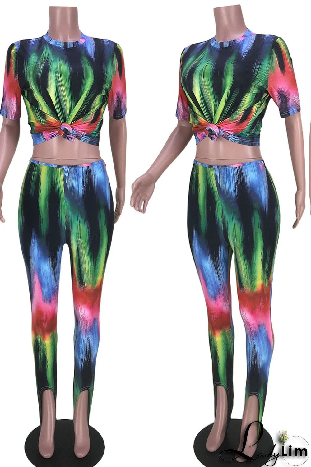 Rainbow Color Sexy Print Patchwork O Neck Short Sleeve Two Pieces