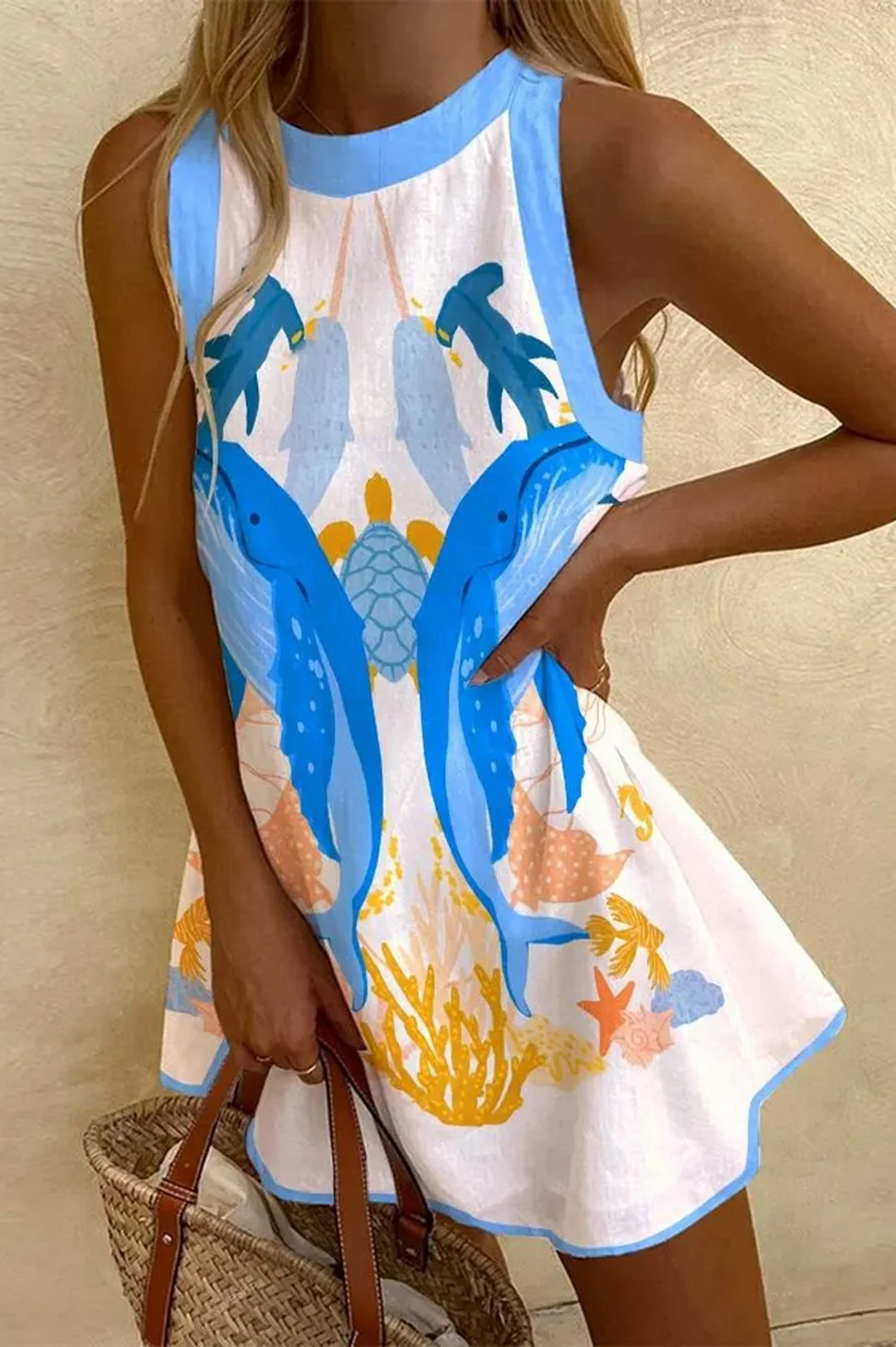 Women's Sleeveless Whale Turtle Printed Dress