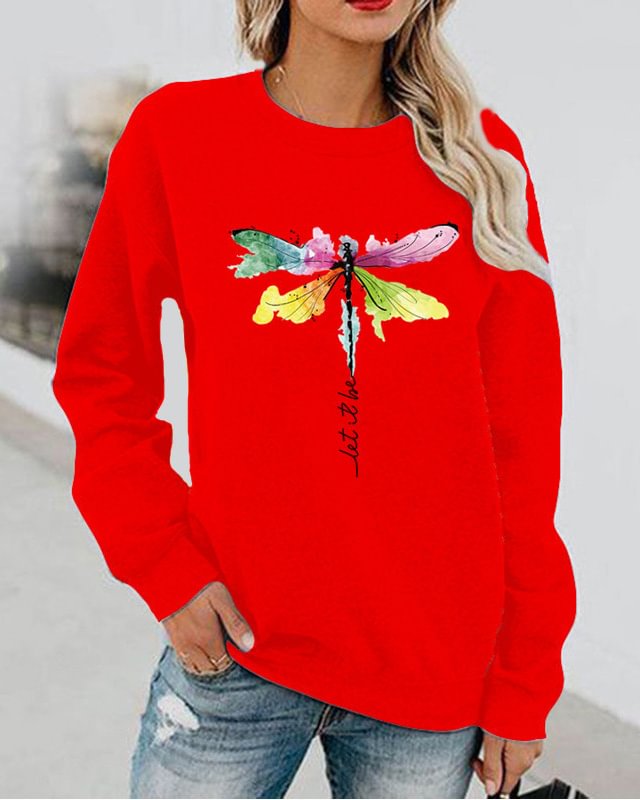 Women's Dragonfly Fun Pattern Print Long Sleeve Round Neck Sweatshirt