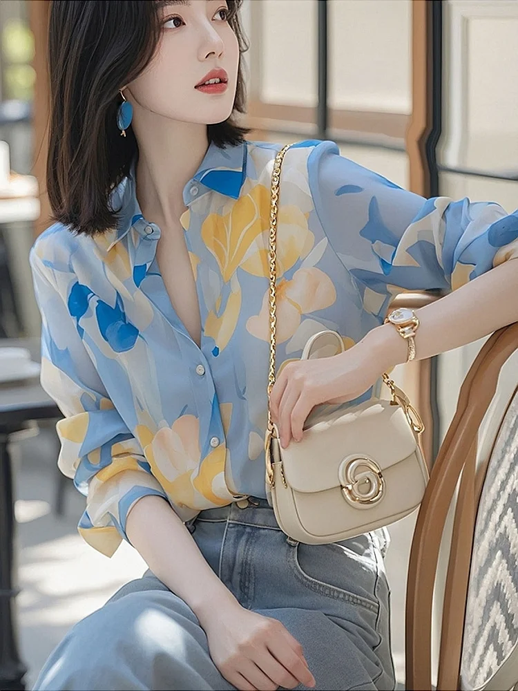 Athvotar Athvotar Retro Elegant Floral Long-Sleeved Shirt Women's Design Sense Of Loose Thin Autumn Dress Chiffon Top