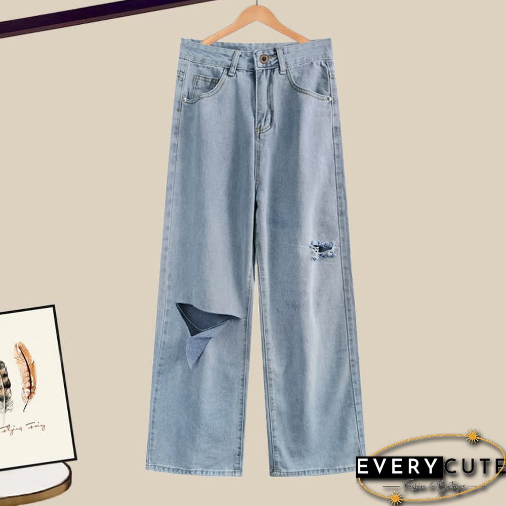 Colorblock Polo Knit Sweater Denim Pants Two Pieces Set