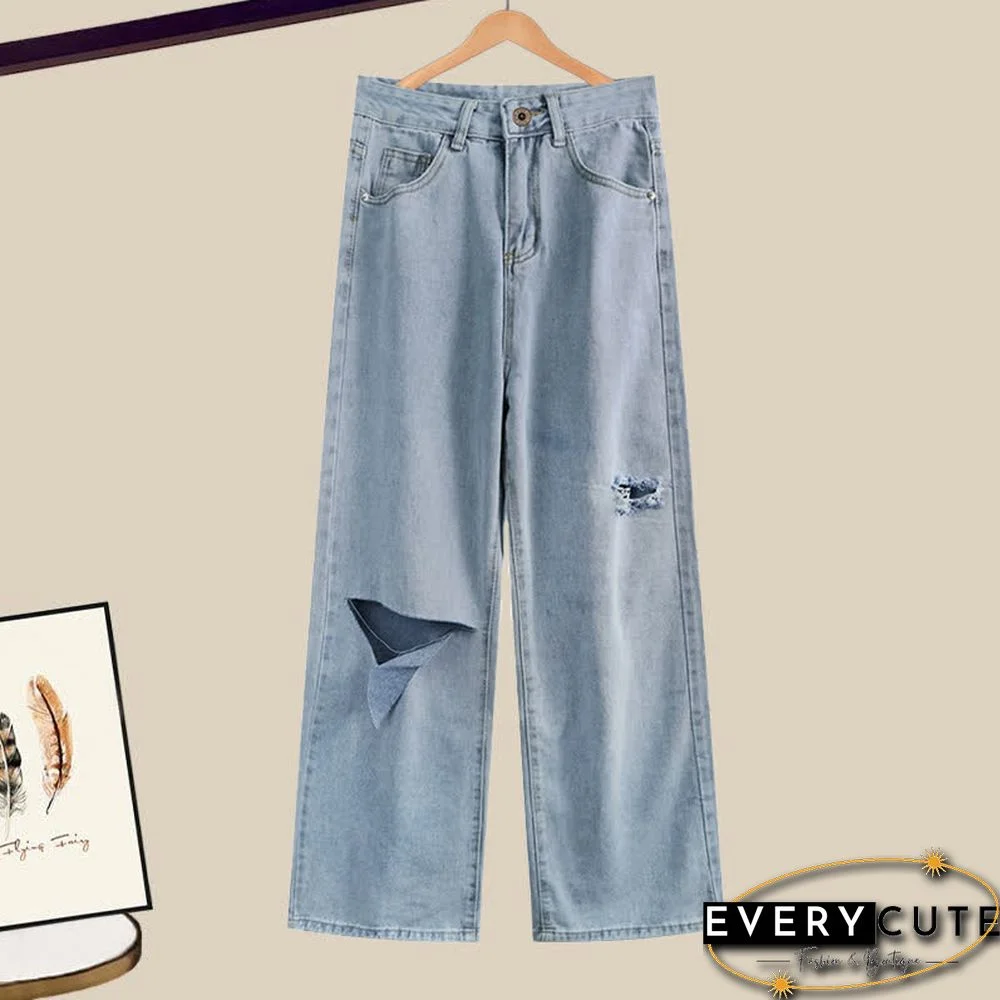 Colorblock Polo Knit Sweater Denim Pants Two Pieces Set